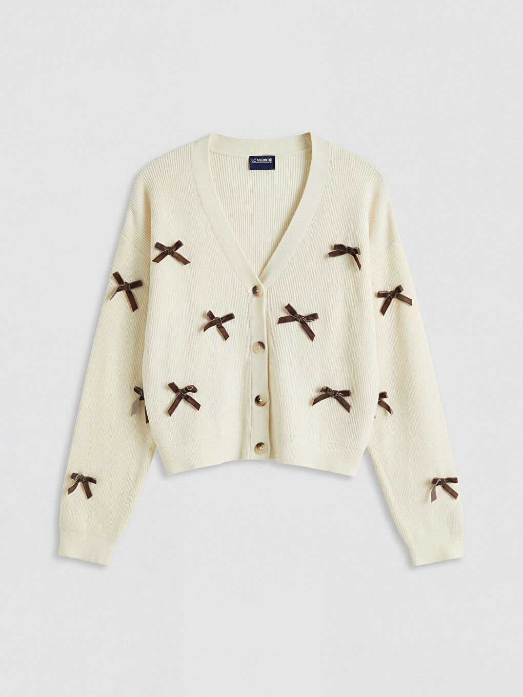 Ekru V Yaka Fiyonklu Kız Çocuk Triko Hırka