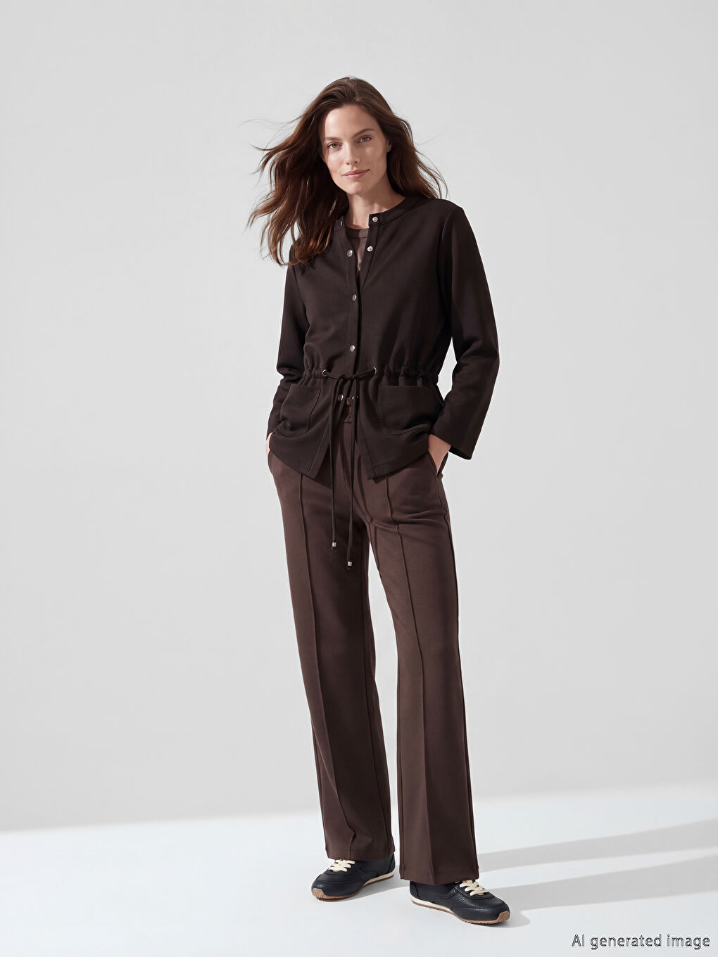 Kahverengi Beli Lastikli Geniş Paça Kadın Pantolon