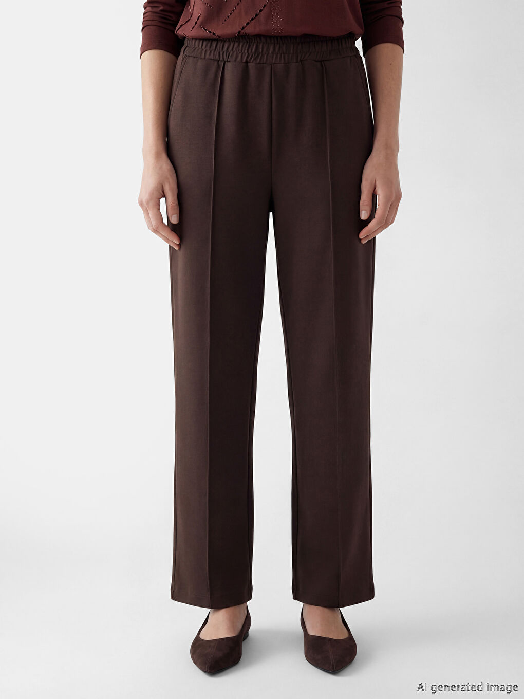 Kahverengi Beli Lastikli Geniş Paça Kadın Pantolon-1