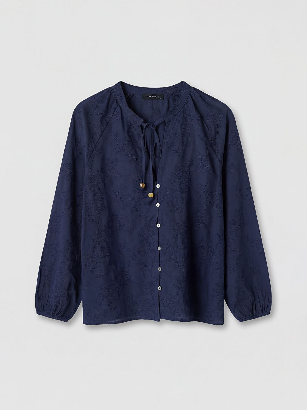 Lacivert Bağlamalı Yaka Nakışlı Bluz