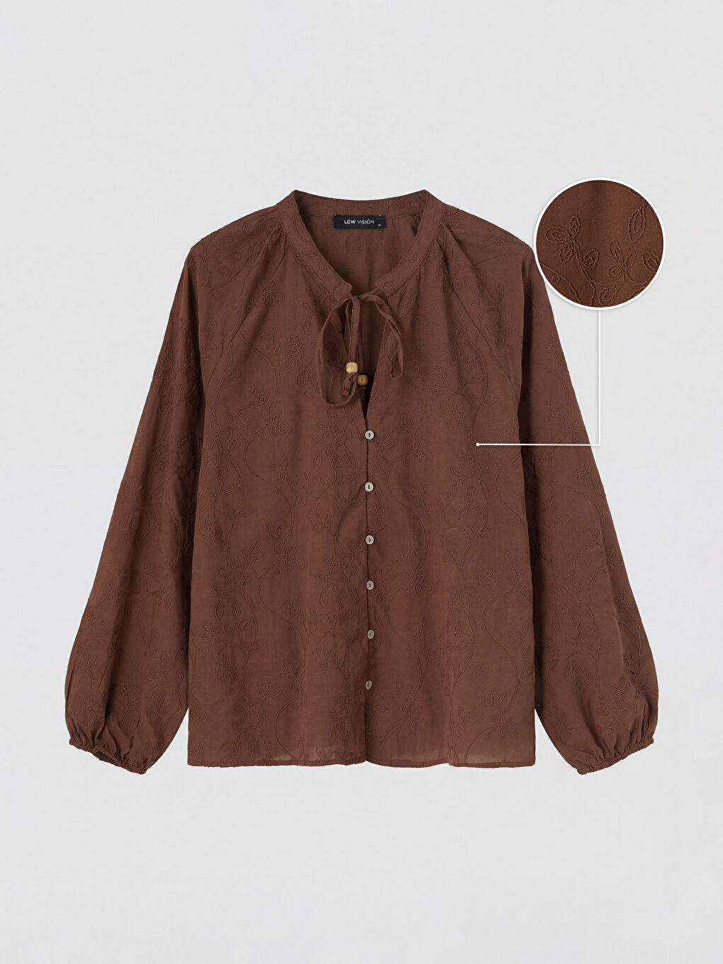 Kahverengi Bağlamalı Yaka Nakışlı Bluz