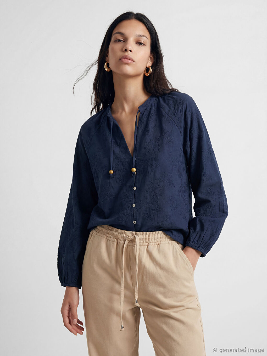 Tie-Neck Embroidered Blouse
