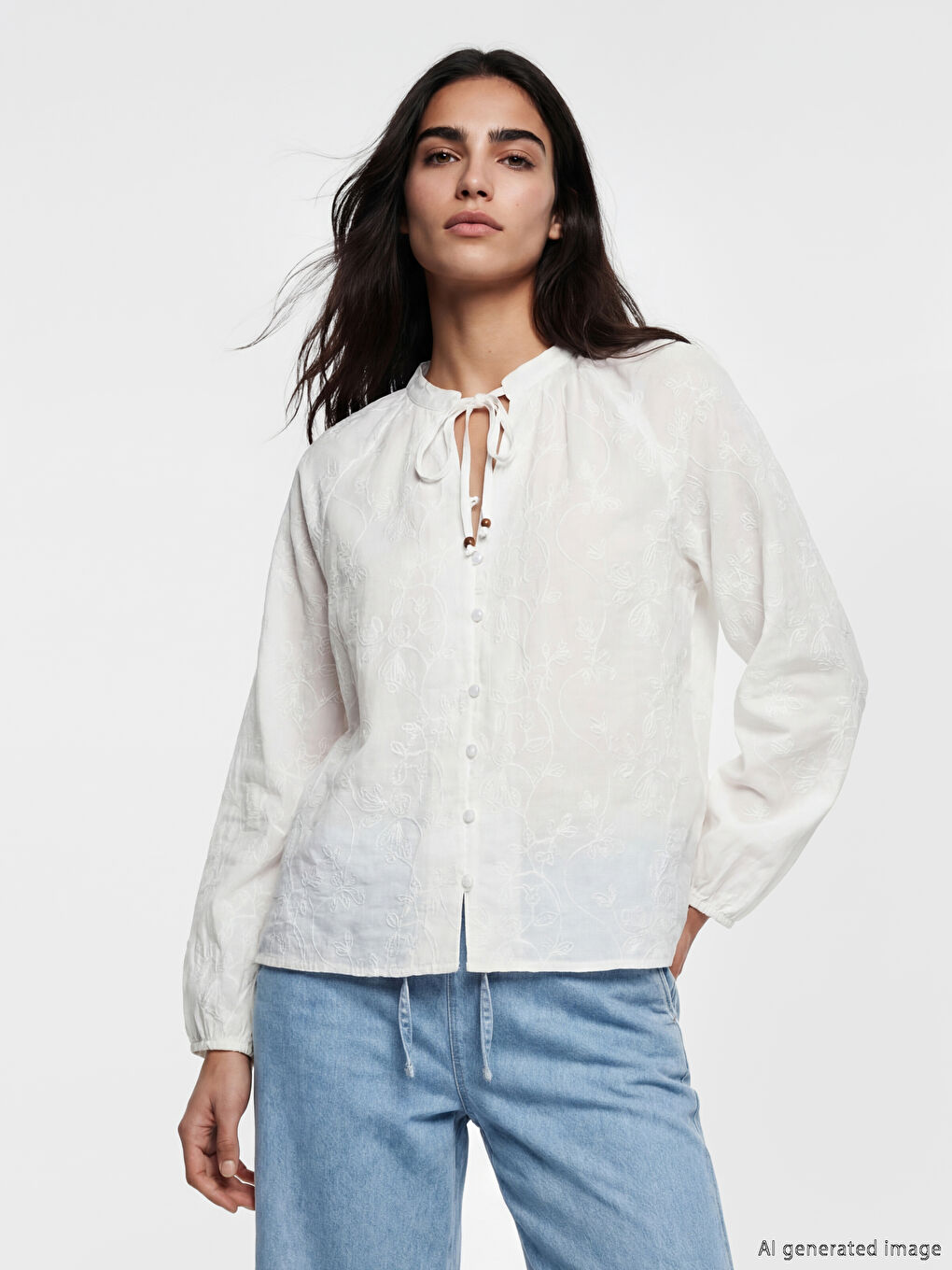 Beyaz Bağlamalı Yaka Nakışlı Bluz