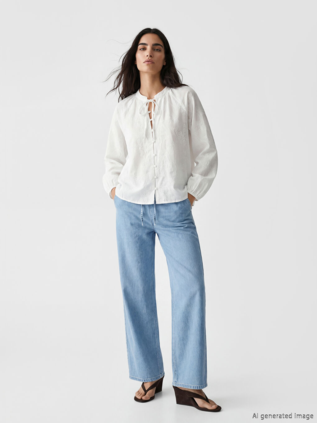 Beyaz Bağlamalı Yaka Nakışlı Bluz-1