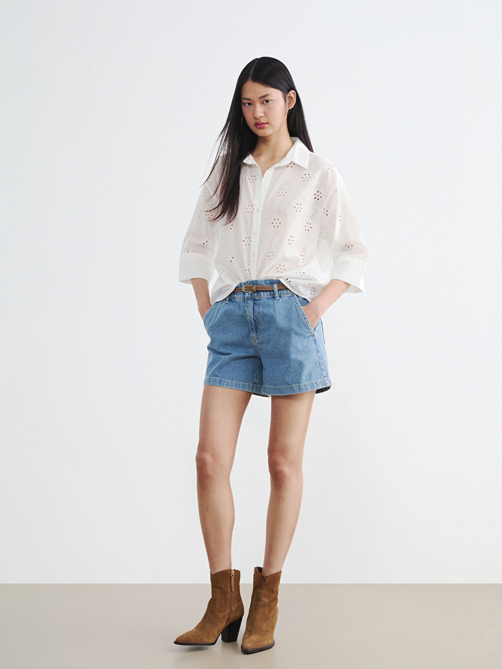 Ekru Ajurlu Oversize Kadın Gömlek-1