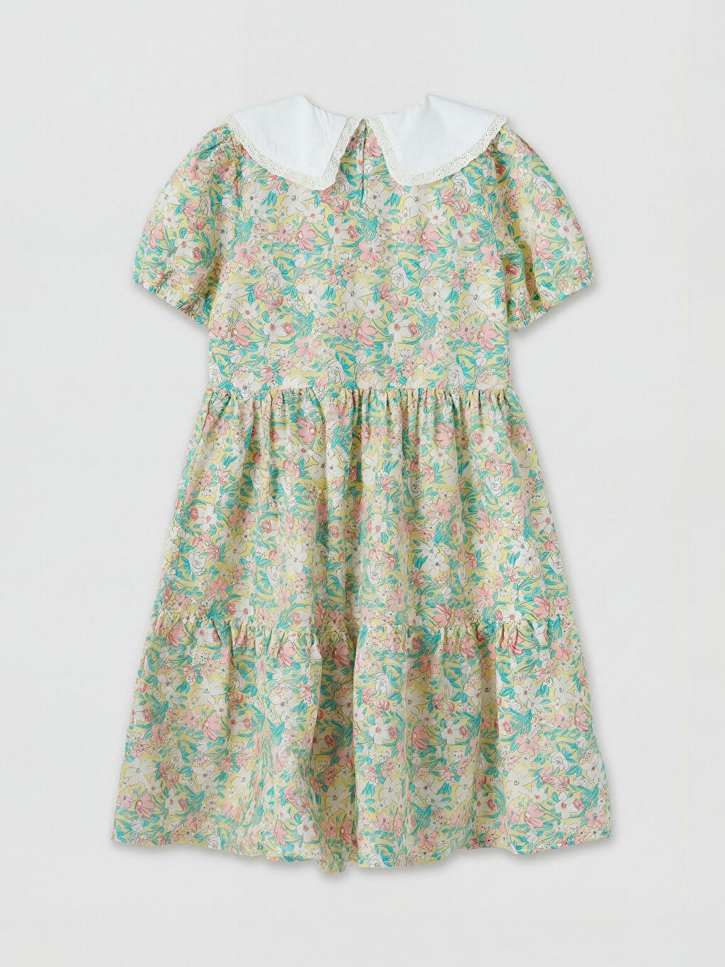 Sarı Bebe Yaka Çiçek Desenli Kız Çocuk Elbise-1