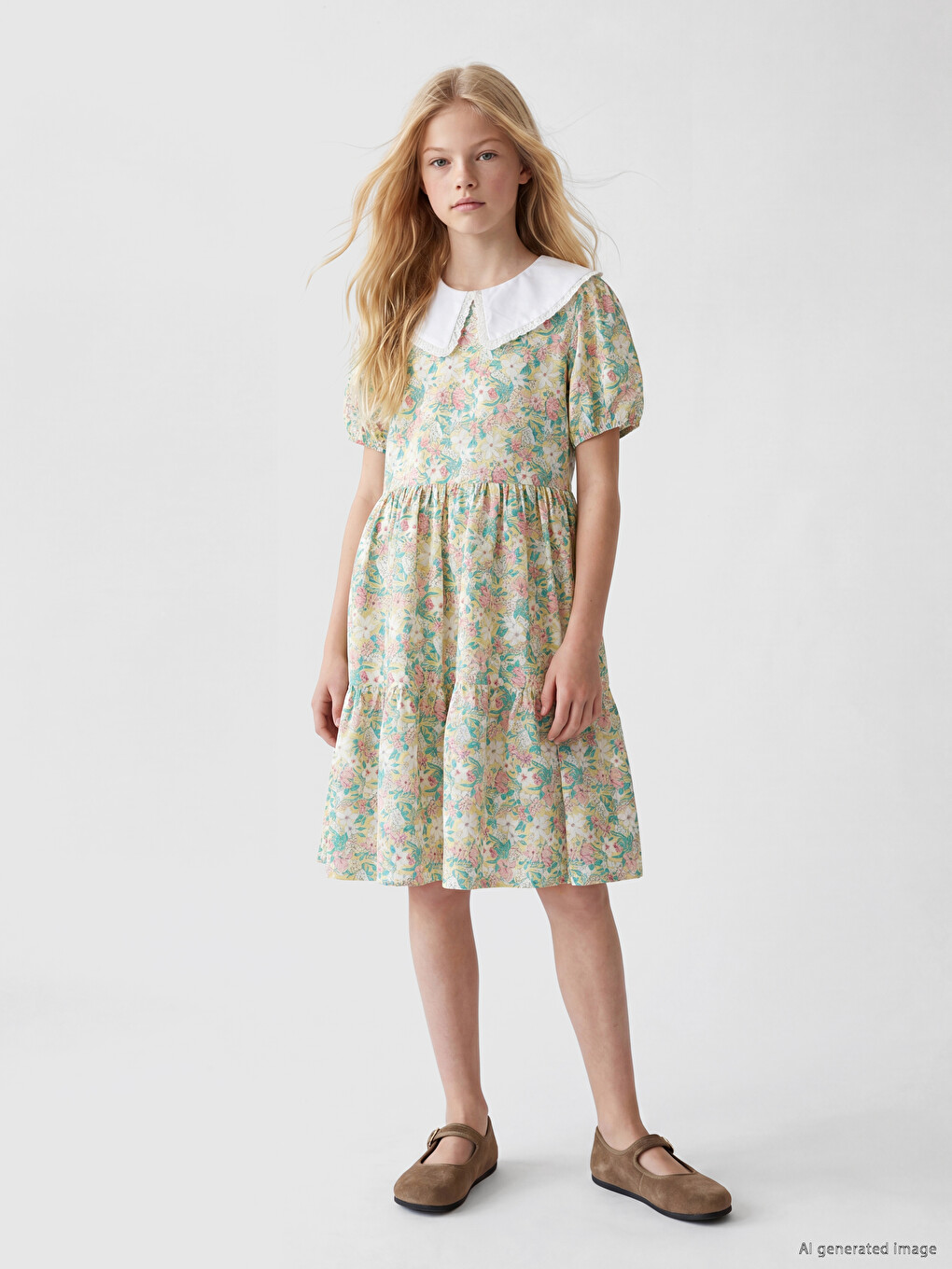 Peter Pan Collar Floral Patterned Girls' Dress