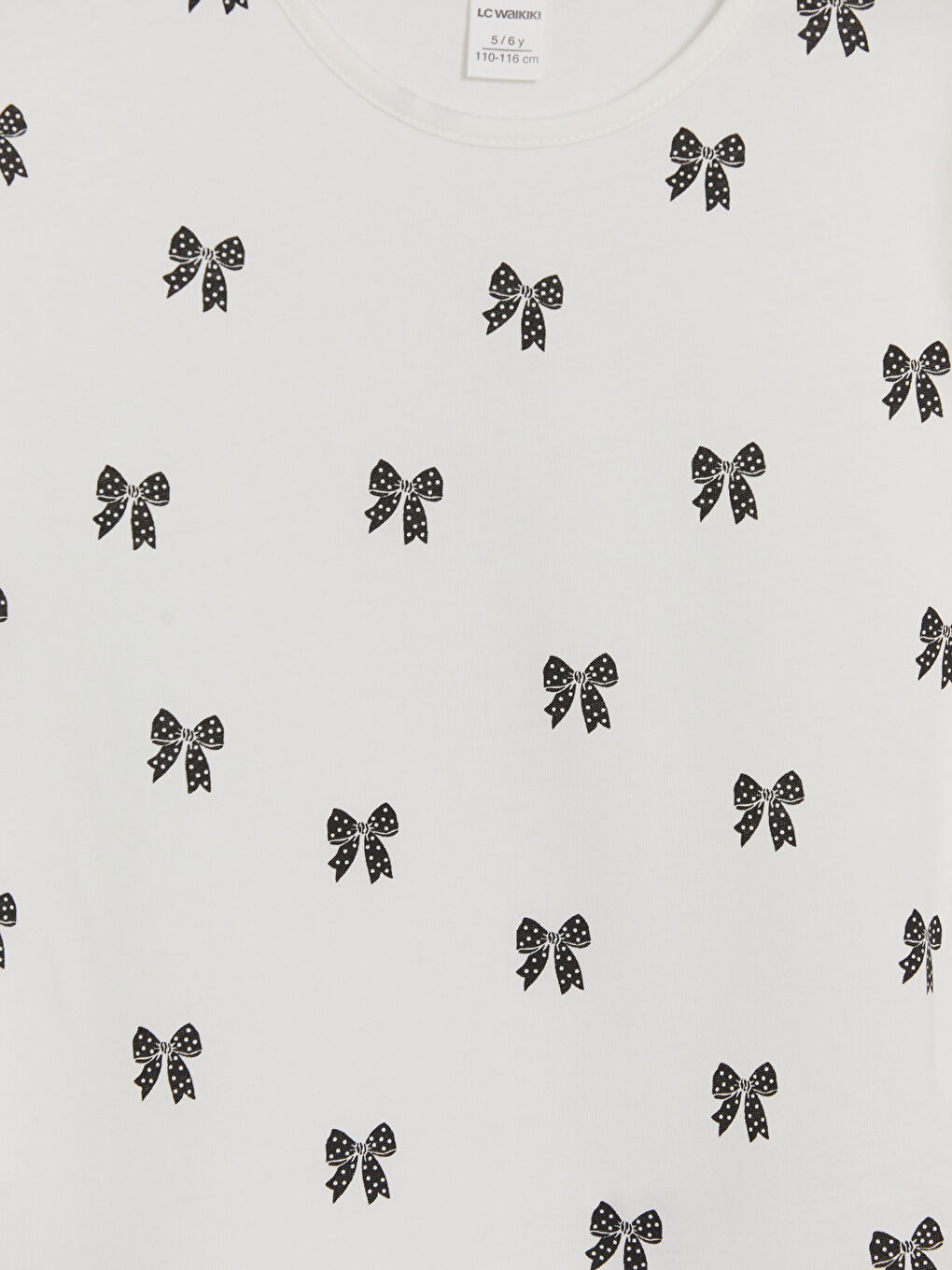 Beyaz Bisiklet Yaka Fiyonk Baskılı Kız Çocuk Tişört-1