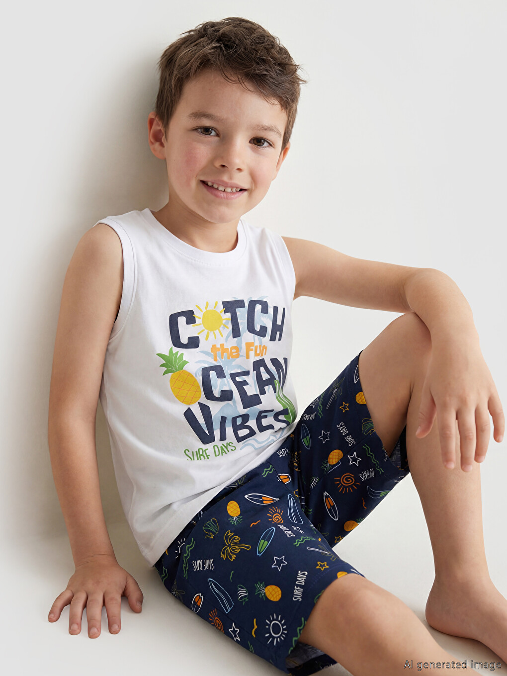 Beyaz Erkek Çocuk Şortlu Pijama Takımı