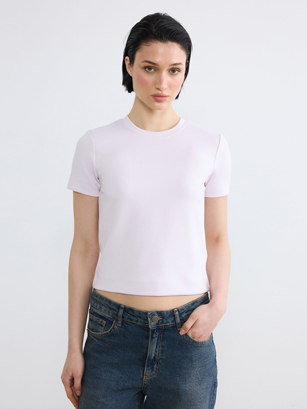 Lila Bisiklet Yaka Kadın Tişört