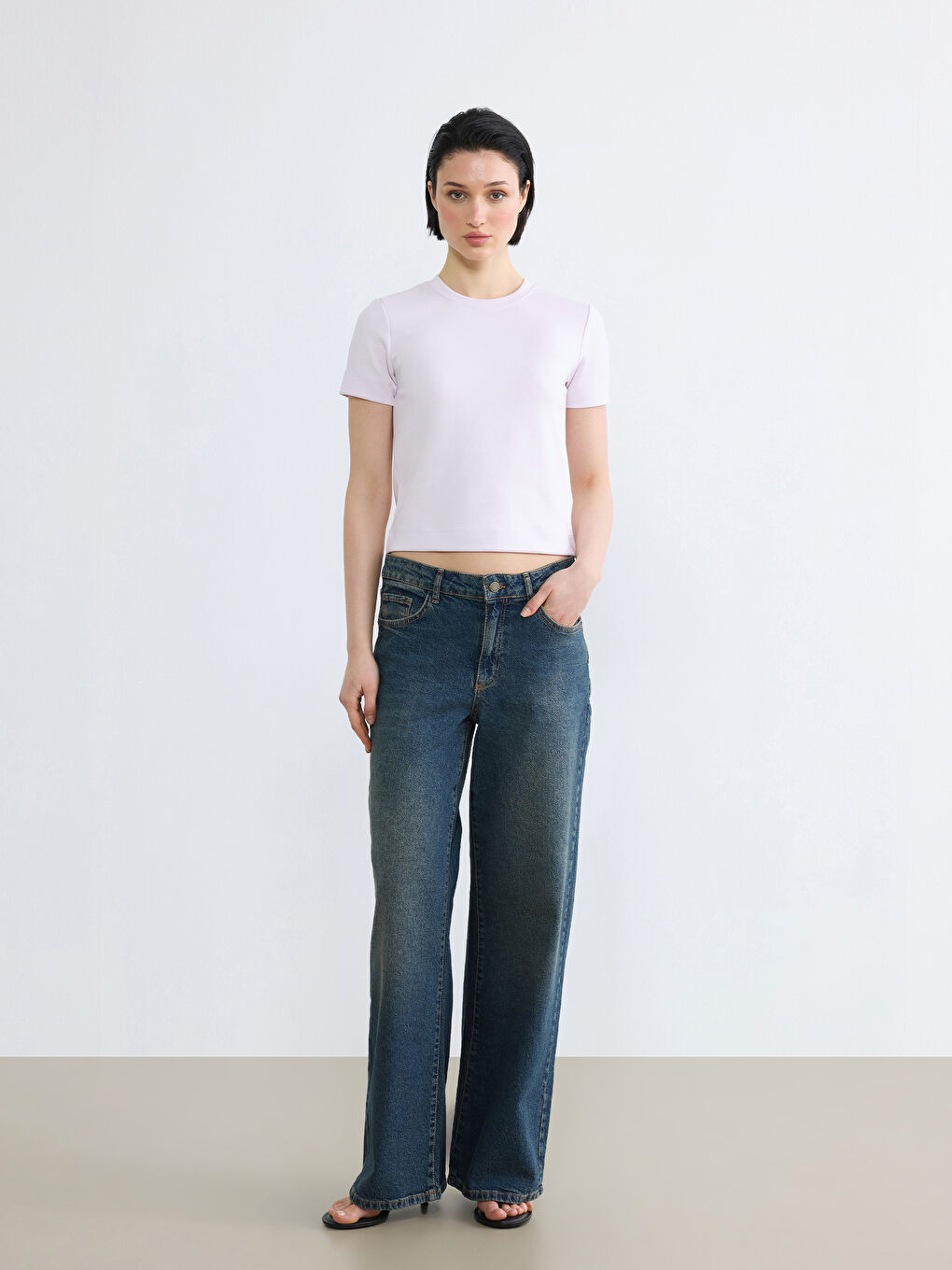 Lila Bisiklet Yaka Kadın Tişört-1