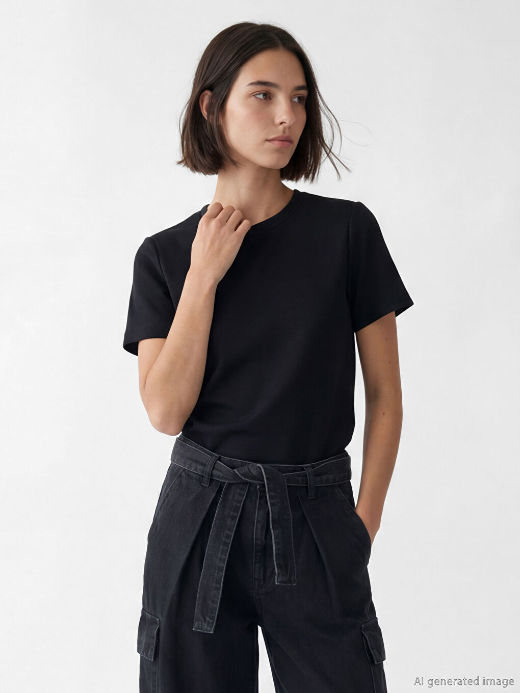 Siyah Bisiklet Yaka Kadın Tişört