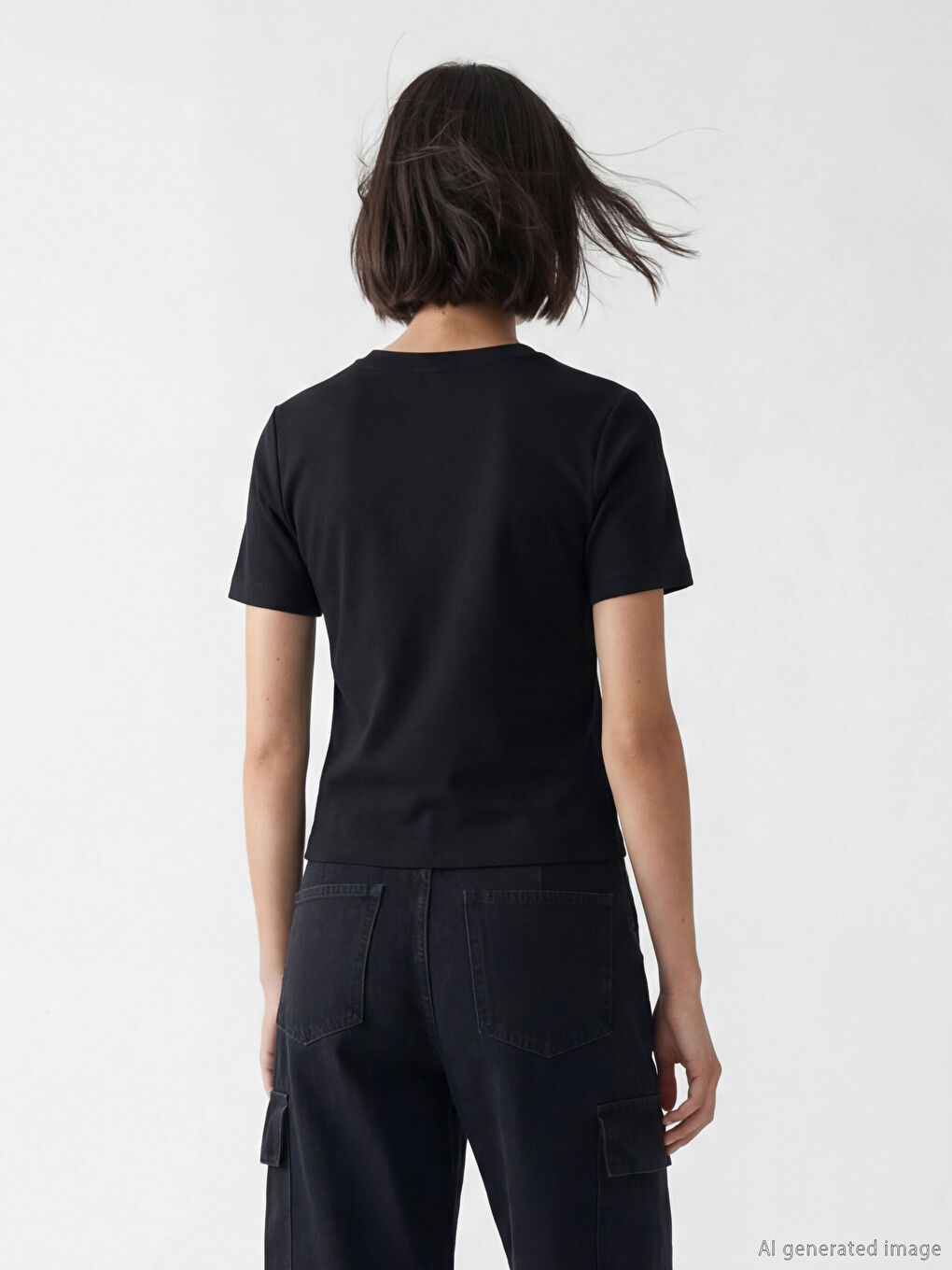 Siyah Bisiklet Yaka Kadın Tişört-3