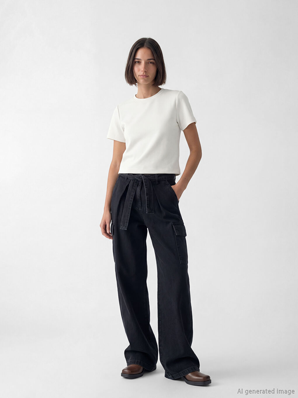 Beyaz Bisiklet Yaka Kadın Tişört-1