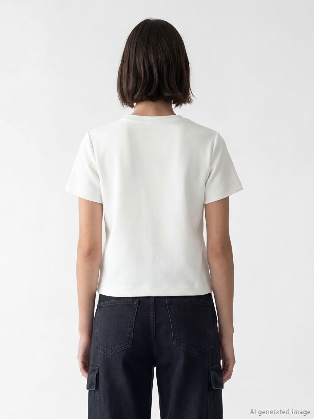 Beyaz Bisiklet Yaka Kadın Tişört-3