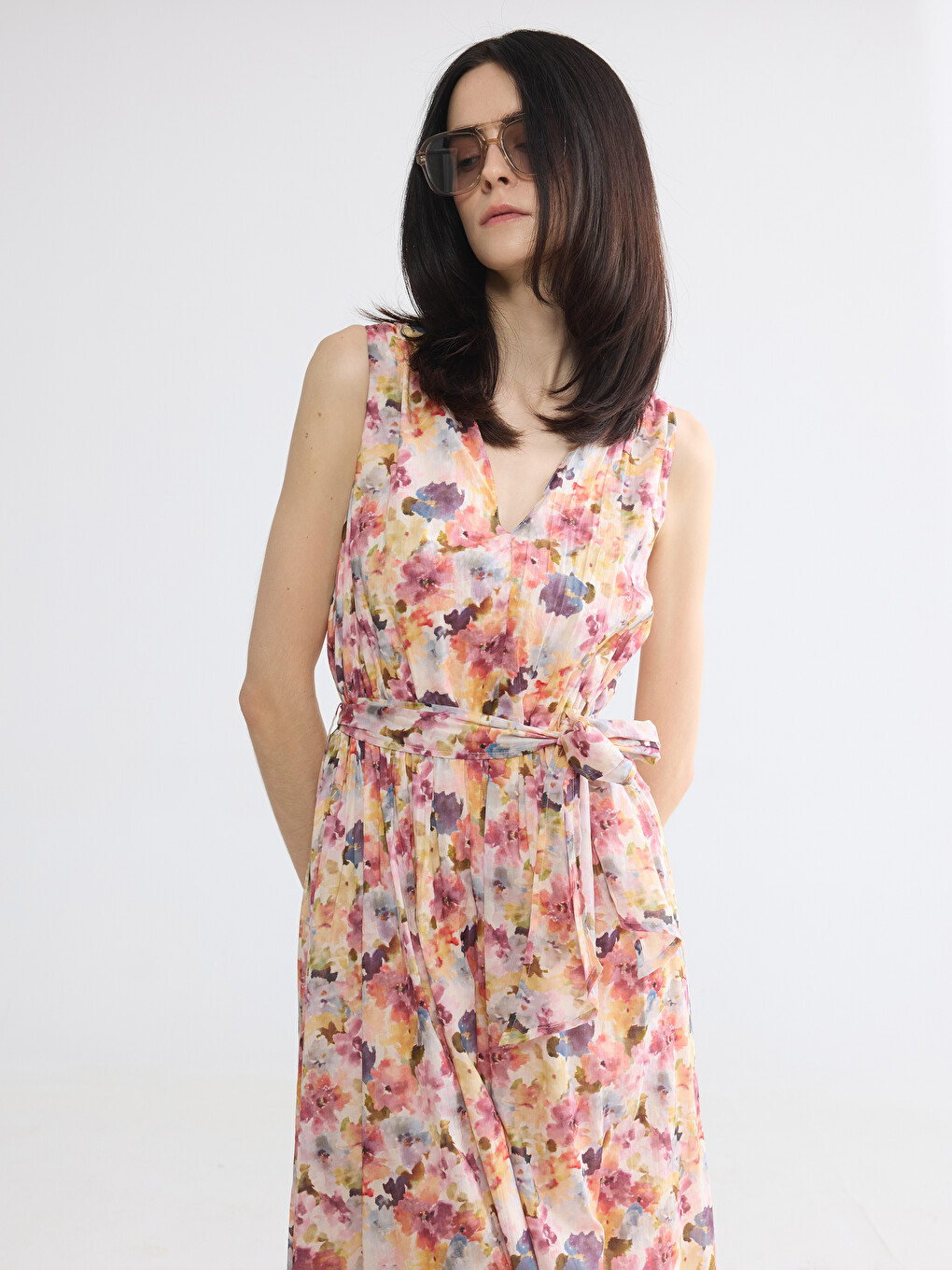 V Neck Floral Poplin A Form Dress