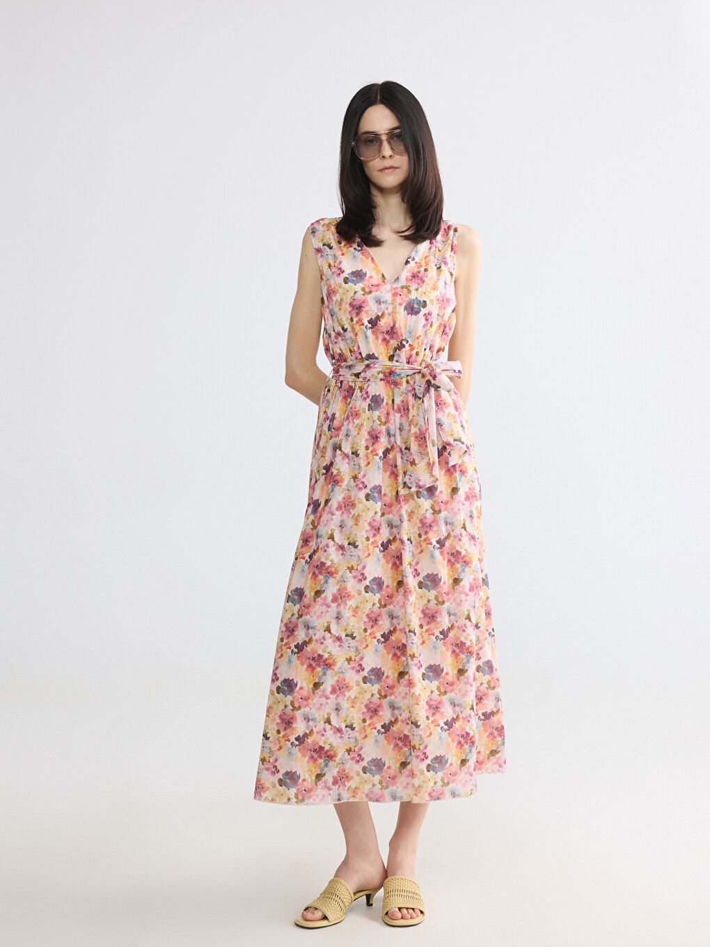 V Neck Floral Poplin A Form Dress-1