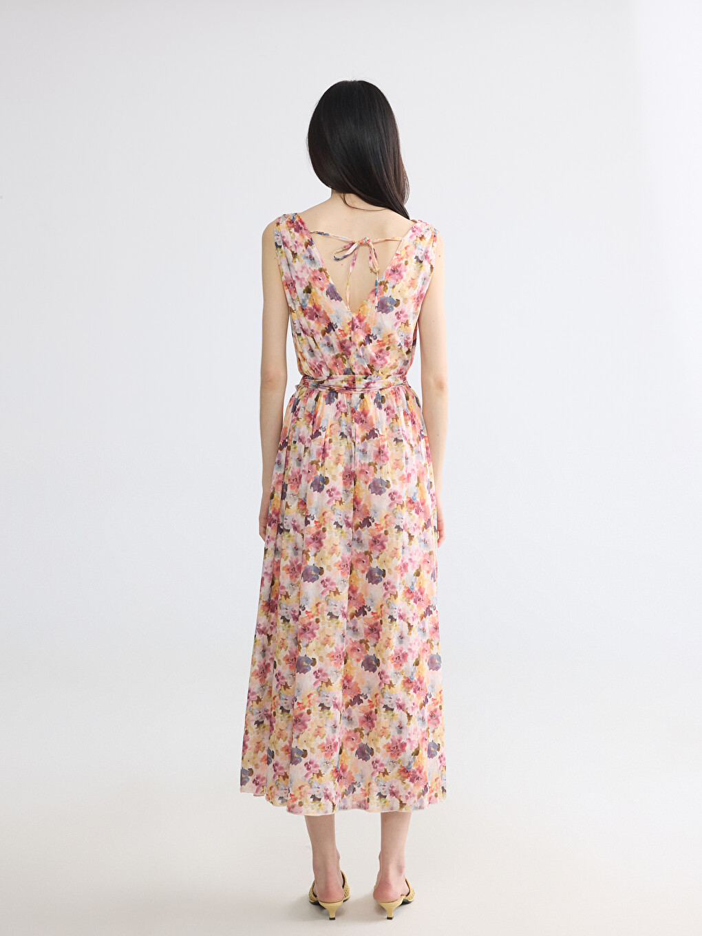 V Neck Floral Poplin A Form Dress-3