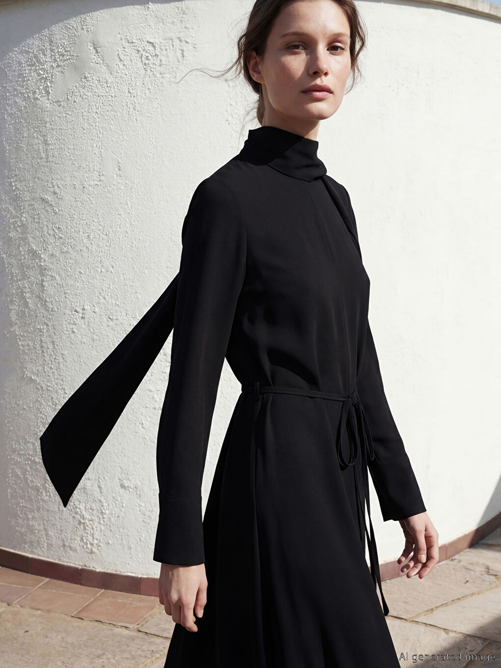 Shawl Collar A Form Crepe Dress-1