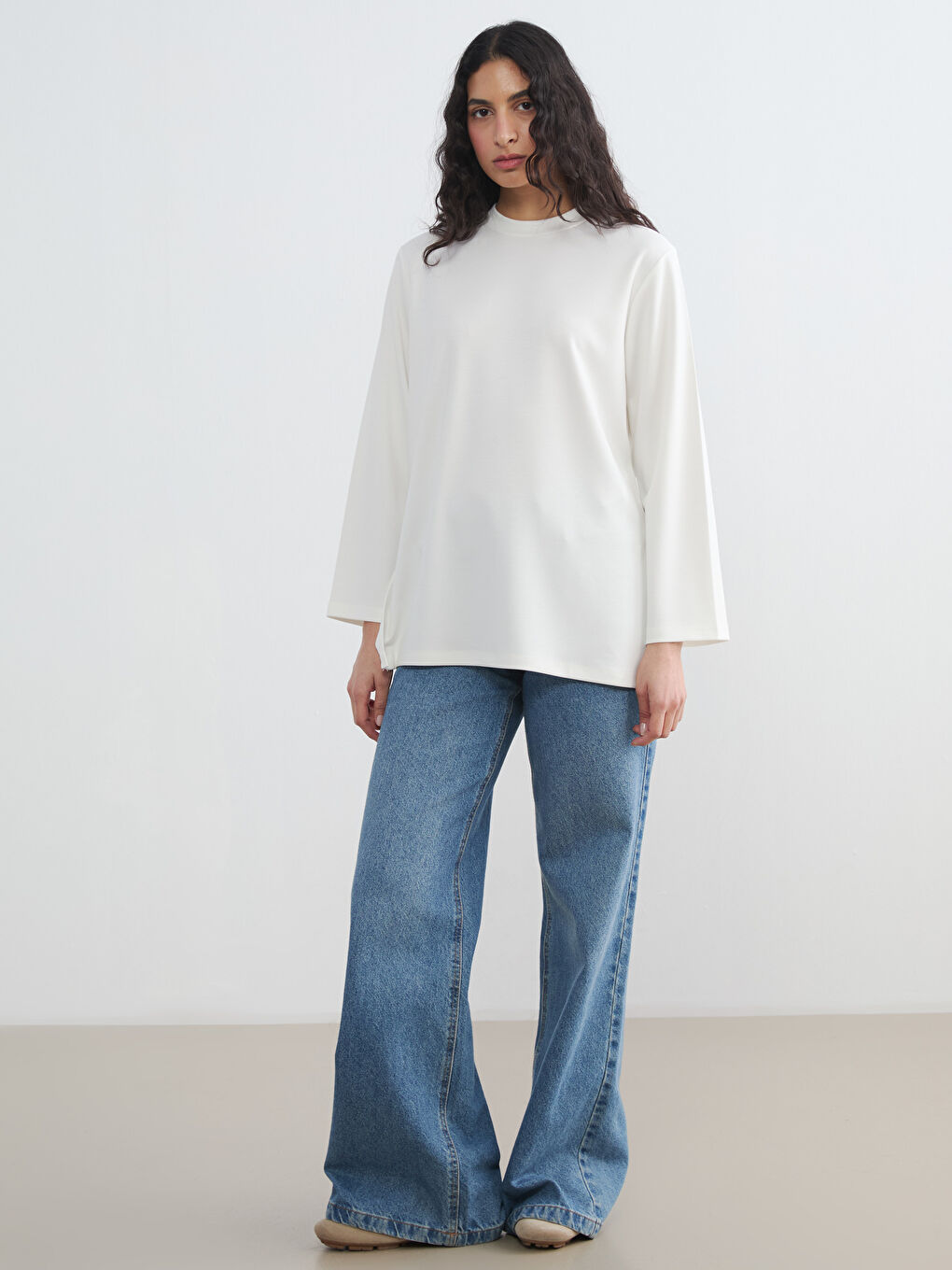 Ekru Bisiklet Yaka Soft Touch Kadın Sweatshirt Tunik-1