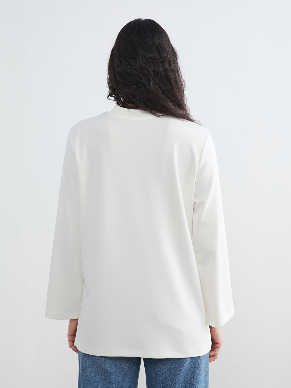 Ekru Bisiklet Yaka Soft Touch Kadın Sweatshirt Tunik-3