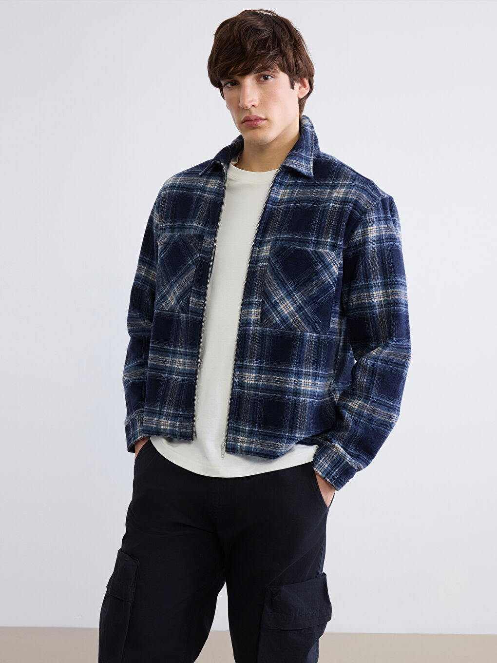 Lacivert Rahat Kalıp Ekose Erkek Oduncu Gömlek Ceket