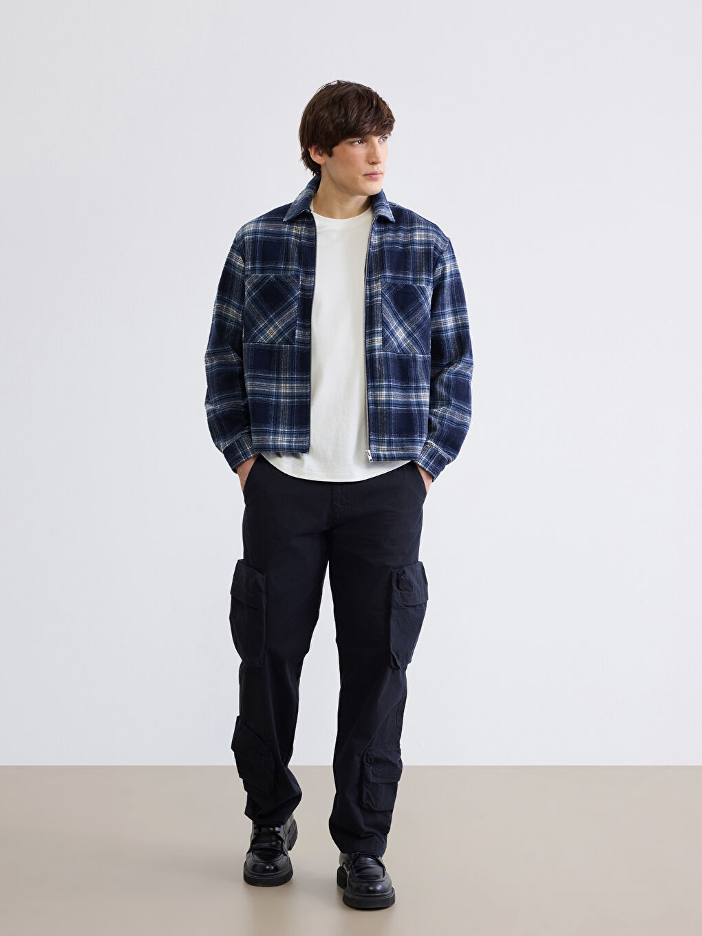 Lacivert Rahat Kalıp Ekose Erkek Oduncu Gömlek Ceket-1