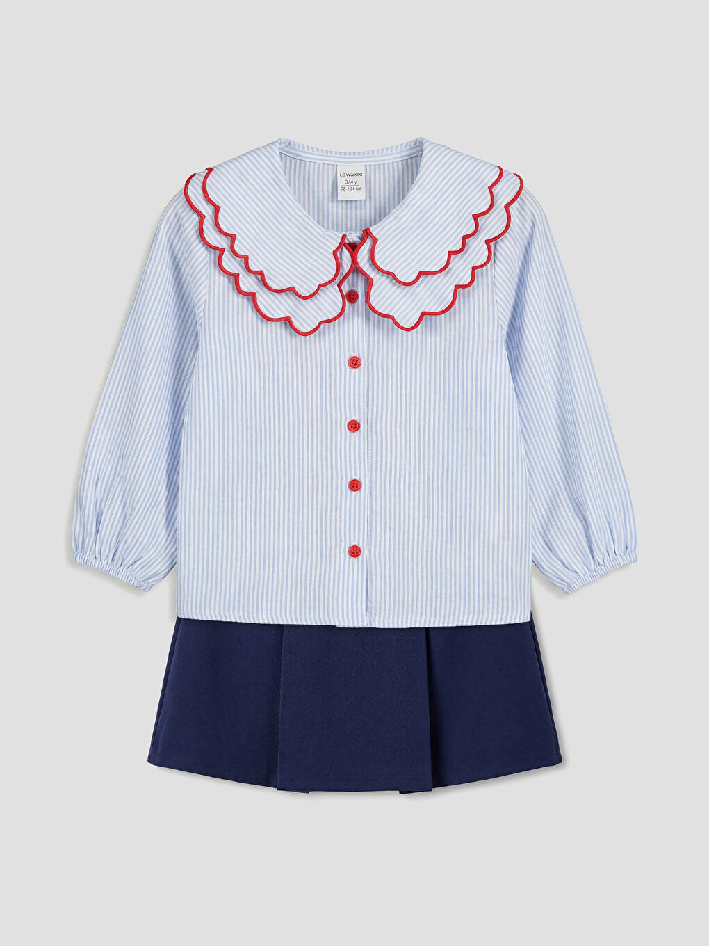 Mavi Bebe Yaka Çizgili Kız Çocuk Gömlek ve Şort Etek