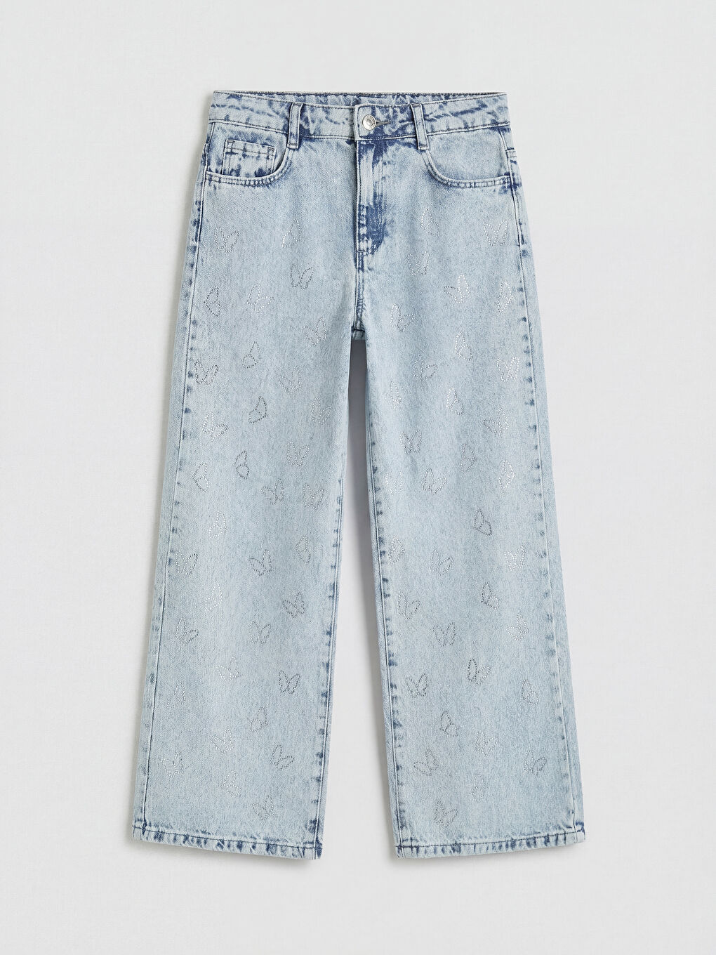 Mavi Wideleg Kelebek Taşlı Kız Çocuk Jean Pantolon