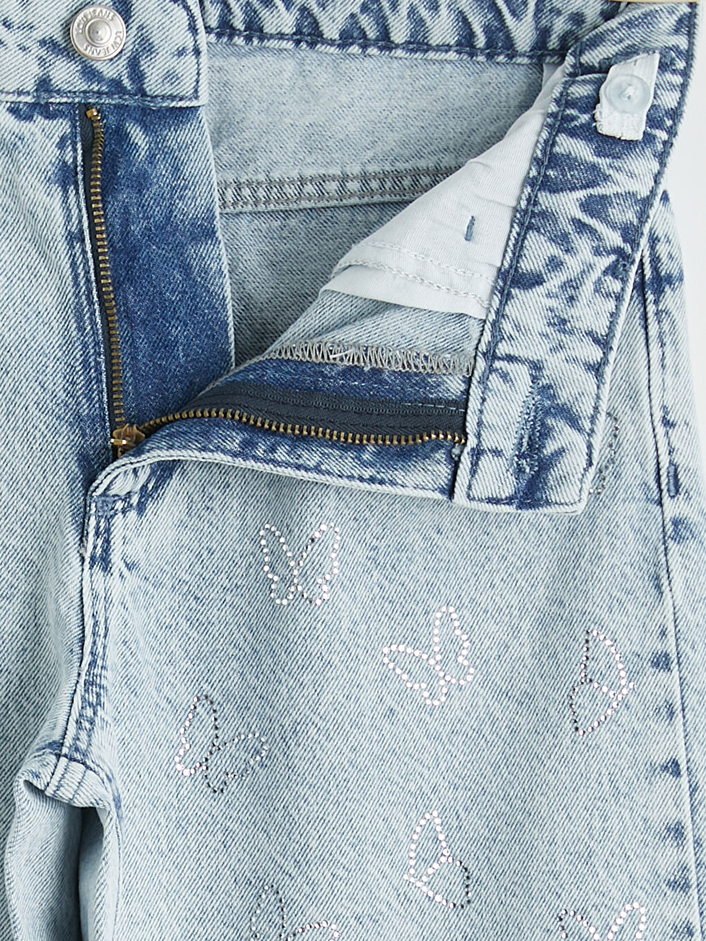 Mavi Wideleg Kelebek Taşlı Kız Çocuk Jean Pantolon-2