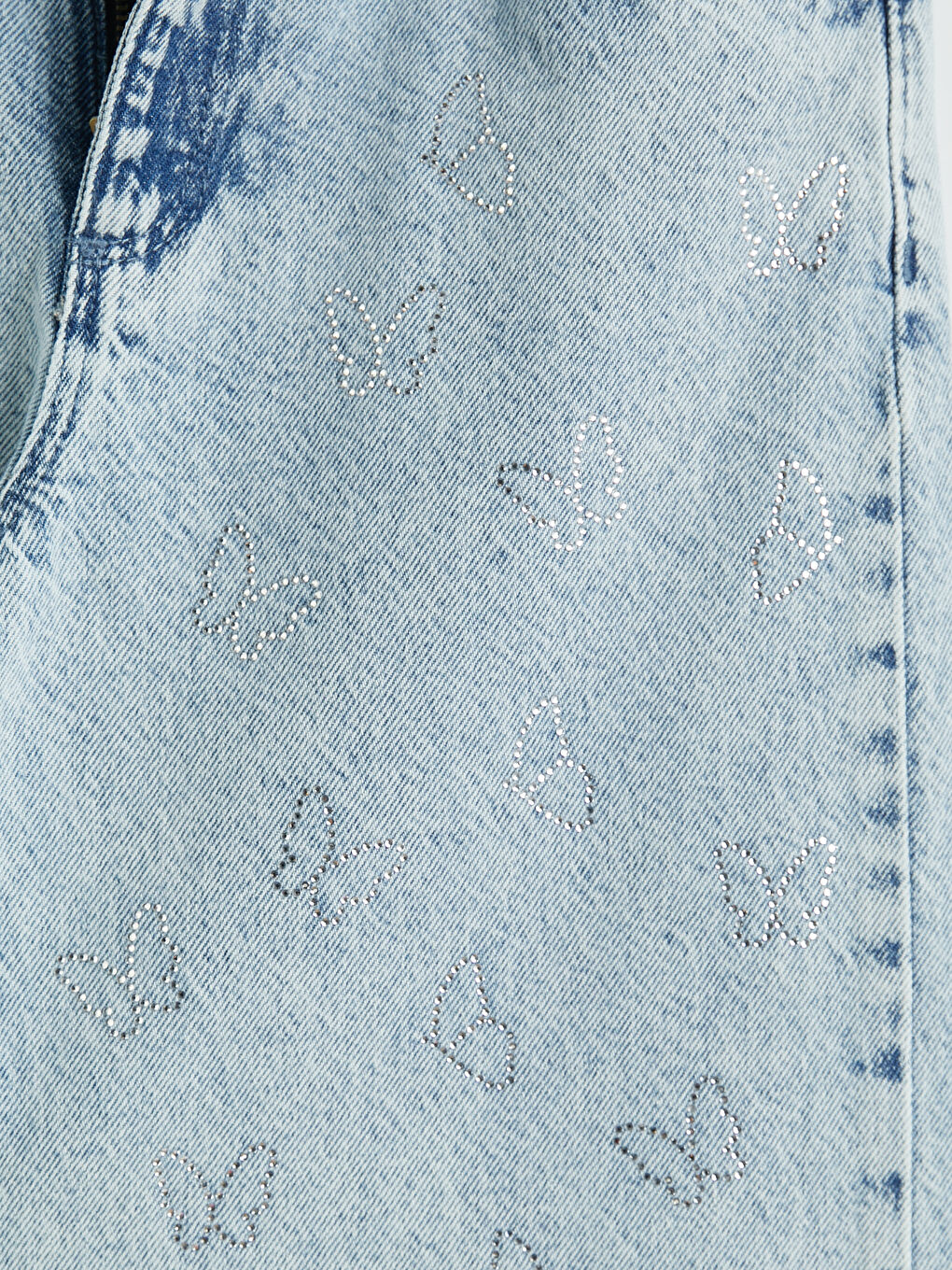 Mavi Wideleg Kelebek Taşlı Kız Çocuk Jean Pantolon-3