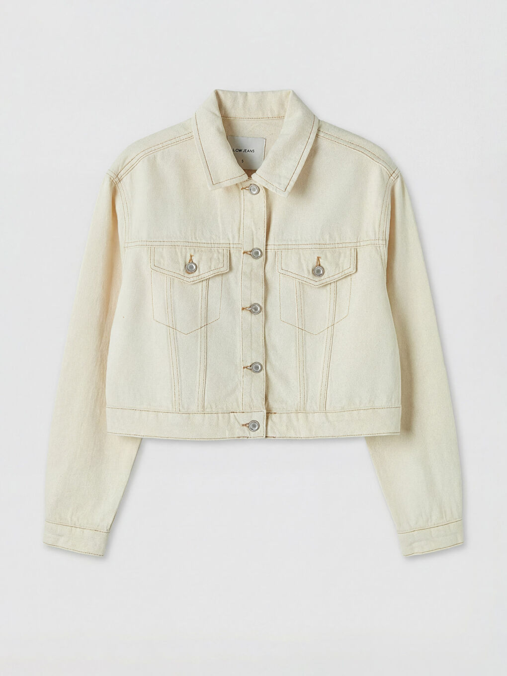 Ekru Gömlek Yaka Crop Kadın Jean Ceket