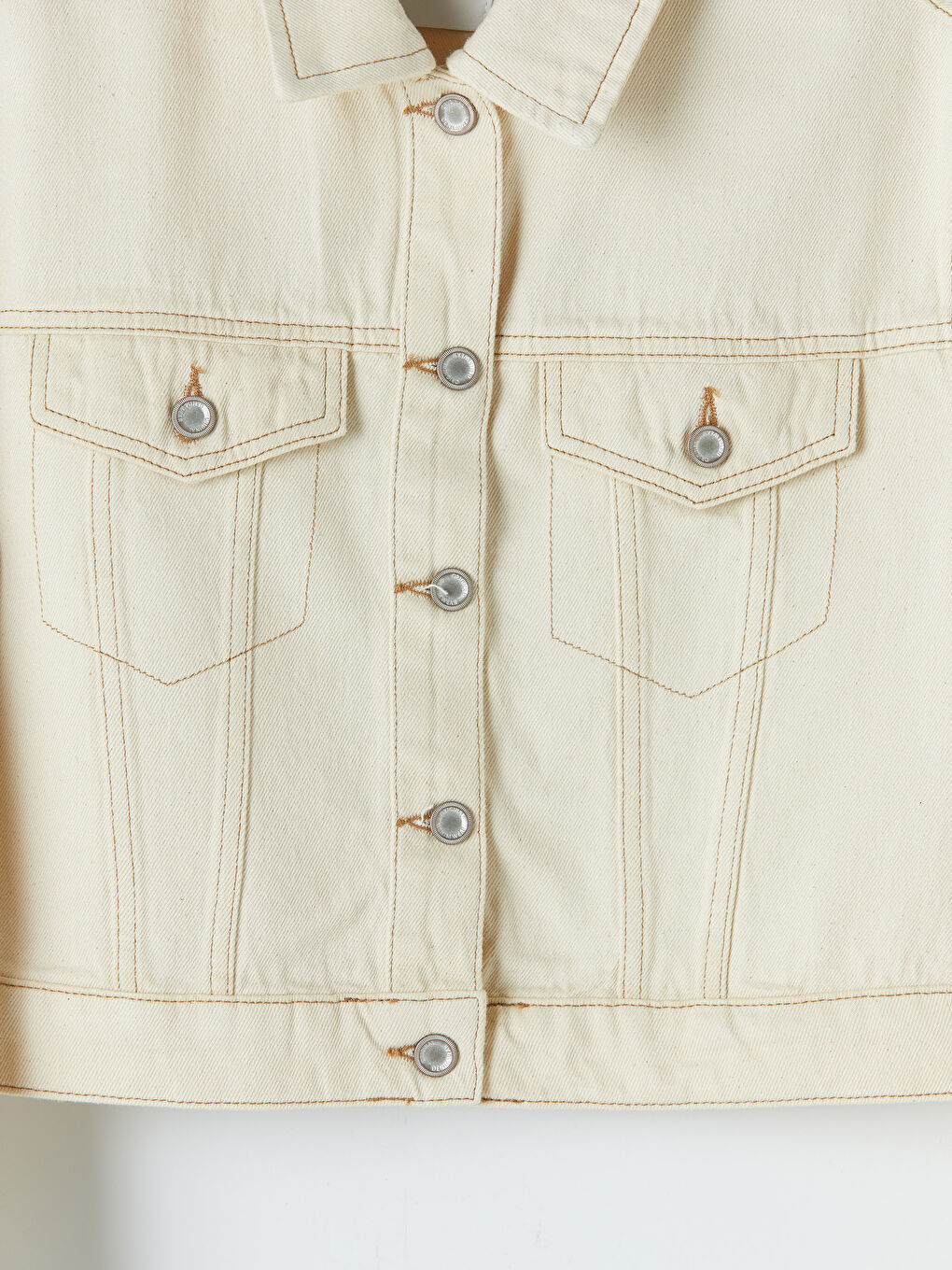 Ekru Gömlek Yaka Crop Kadın Jean Ceket-2