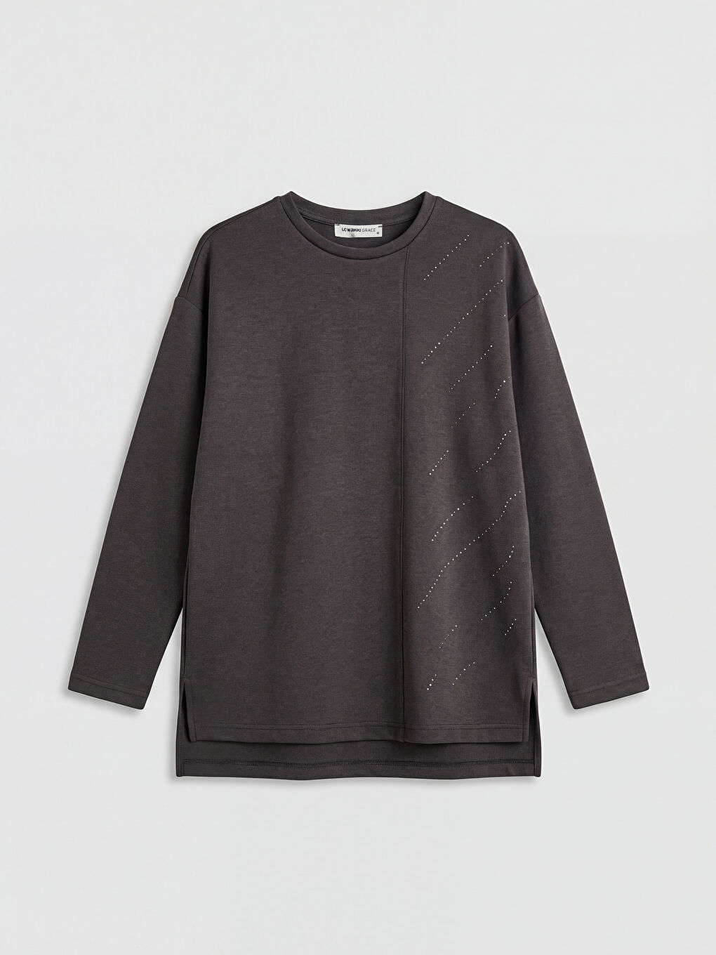 Gri Bisiklet Yaka Taş İşlemeli Bluz