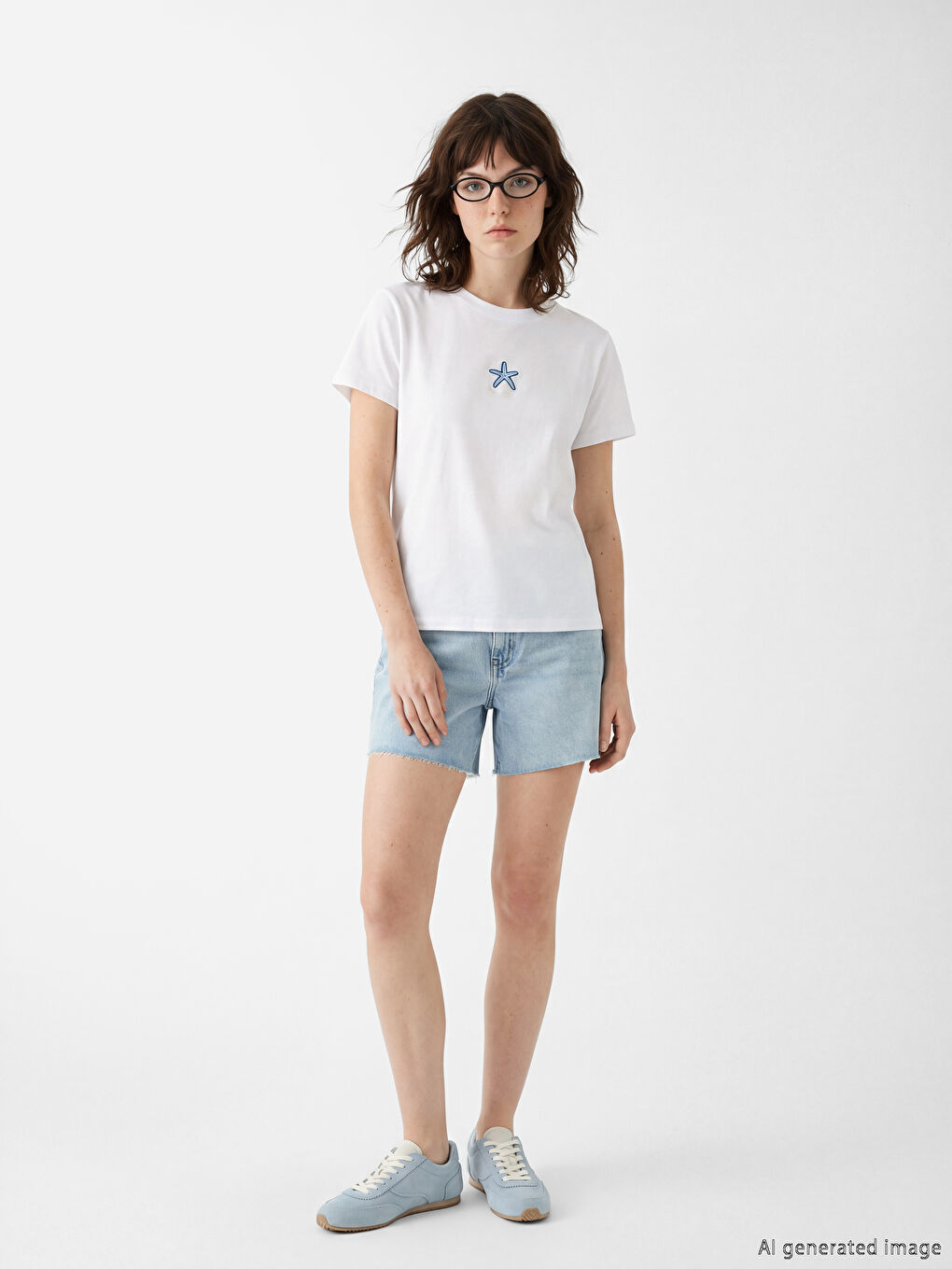 Beyaz Bisiklet Yaka Nakışlı Kadın Tişört-1