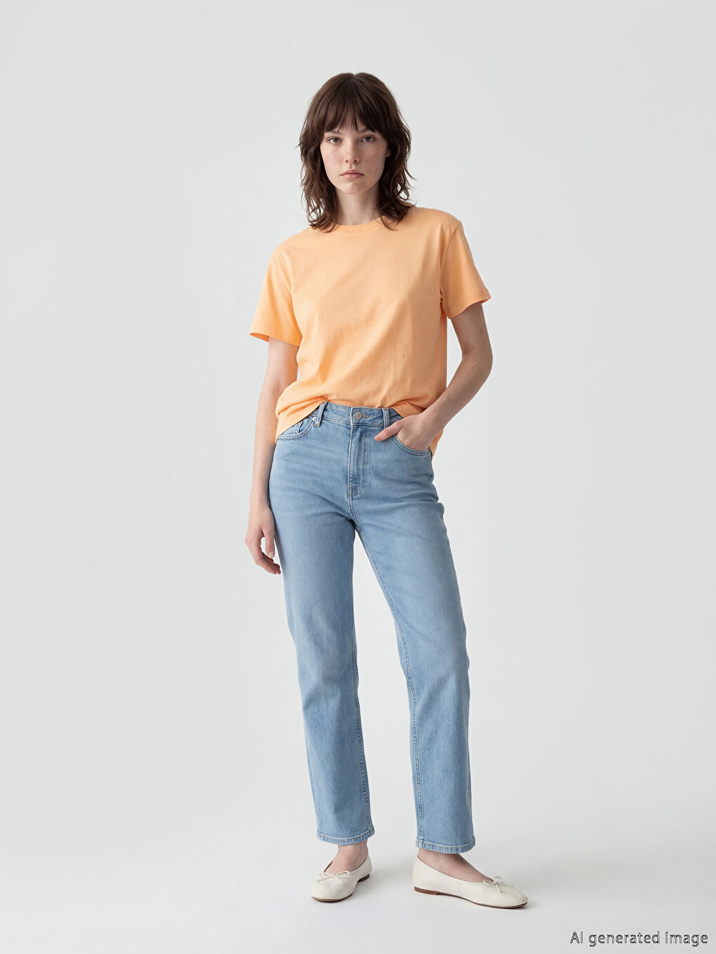 Turuncu Bisiklet Yaka Kadın Tişört-1