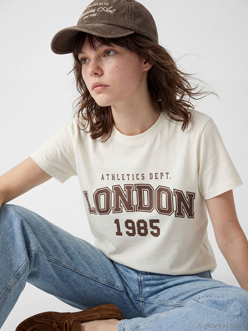 Bej Bisiklet Yaka London Baskılı Kadın Tişört