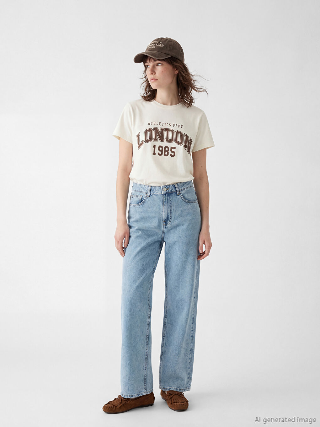 Bej Bisiklet Yaka London Baskılı Kadın Tişört-1