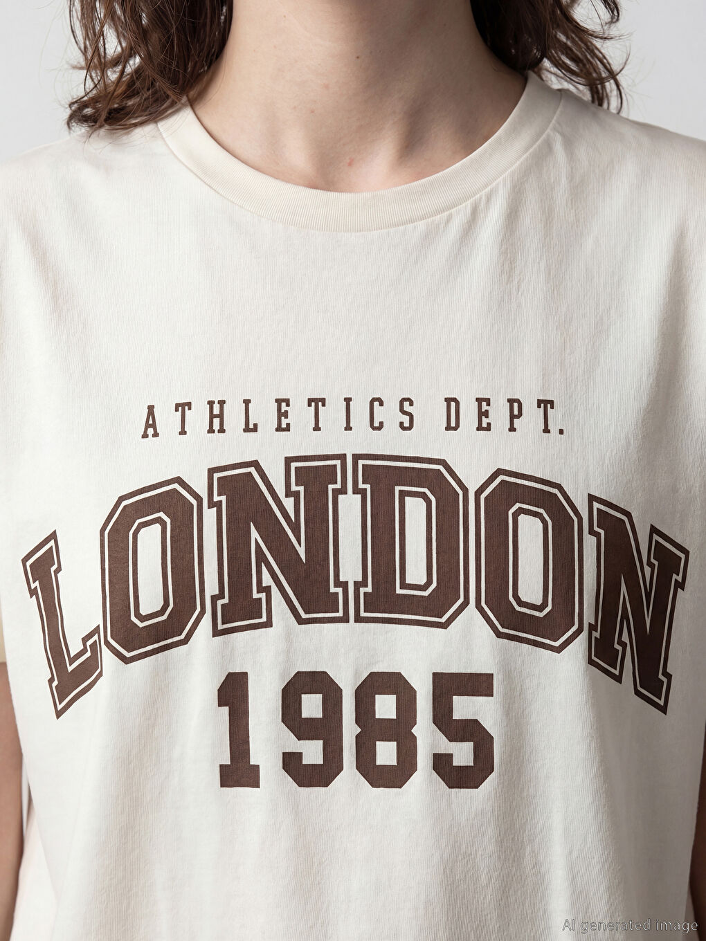 Bej Bisiklet Yaka London Baskılı Kadın Tişört-2