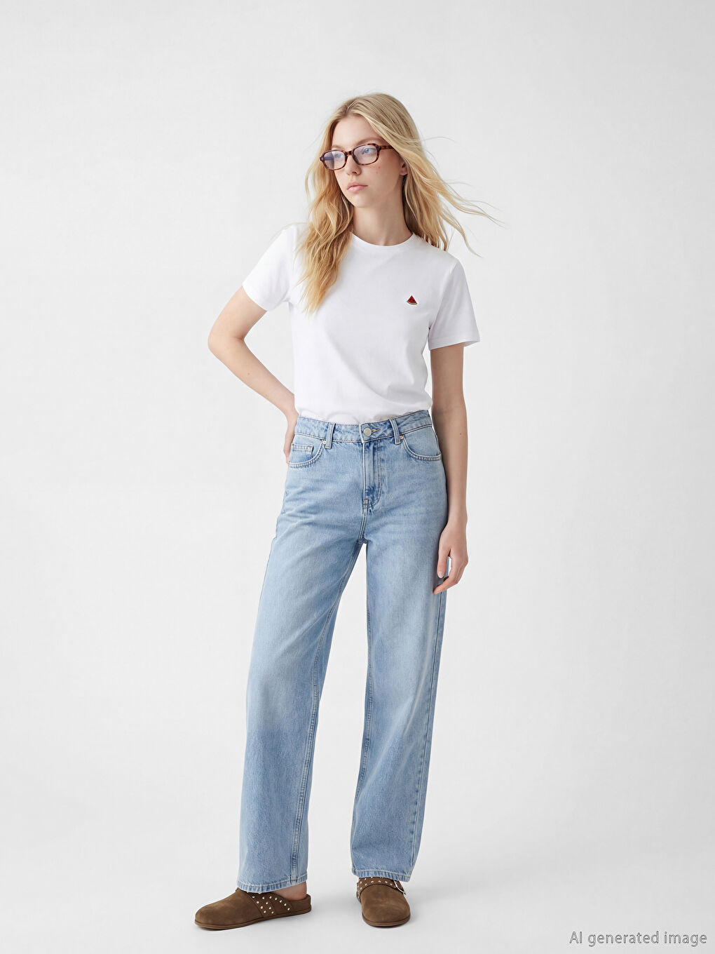 Beyaz Bisiklet Yaka Nakışlı Kadın Tişört-1