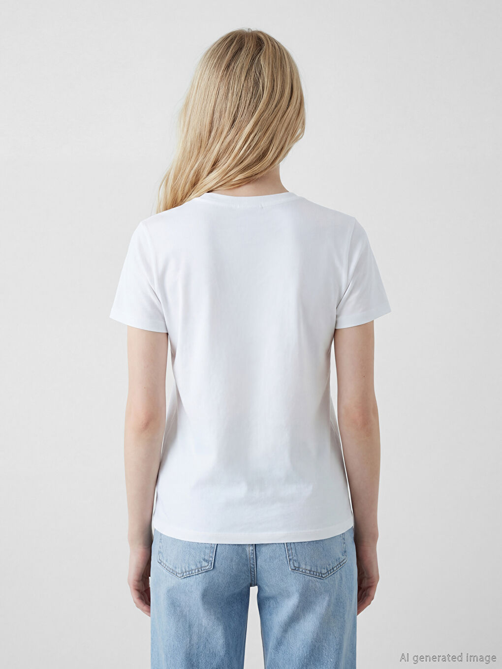 Beyaz Bisiklet Yaka Nakışlı Kadın Tişört-2