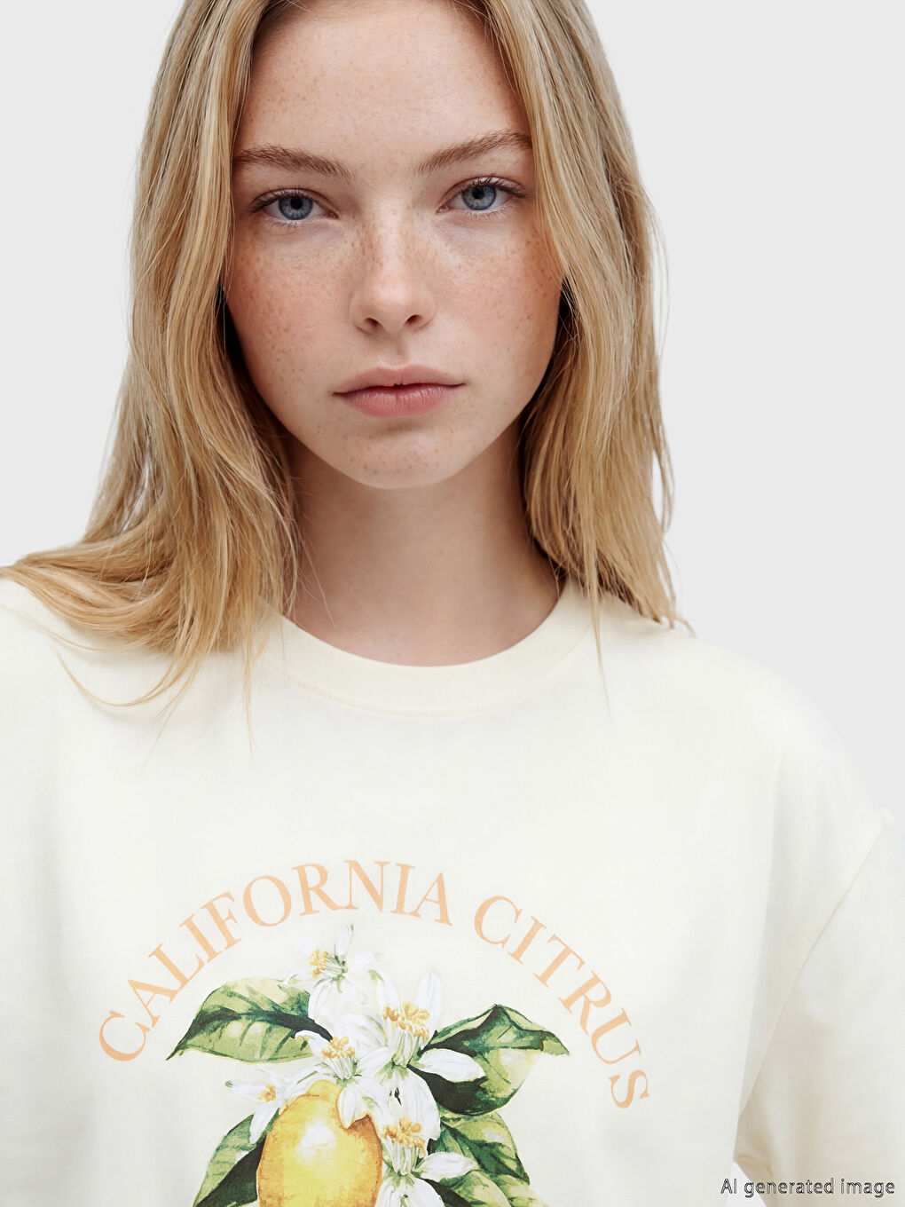 Bej California Baskılı Oversize Kadın Tişört-2