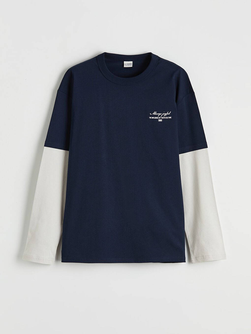 Lacivert Bisiklet Yaka Baskılı Renk Bloklu Erkek Çocuk Tişört