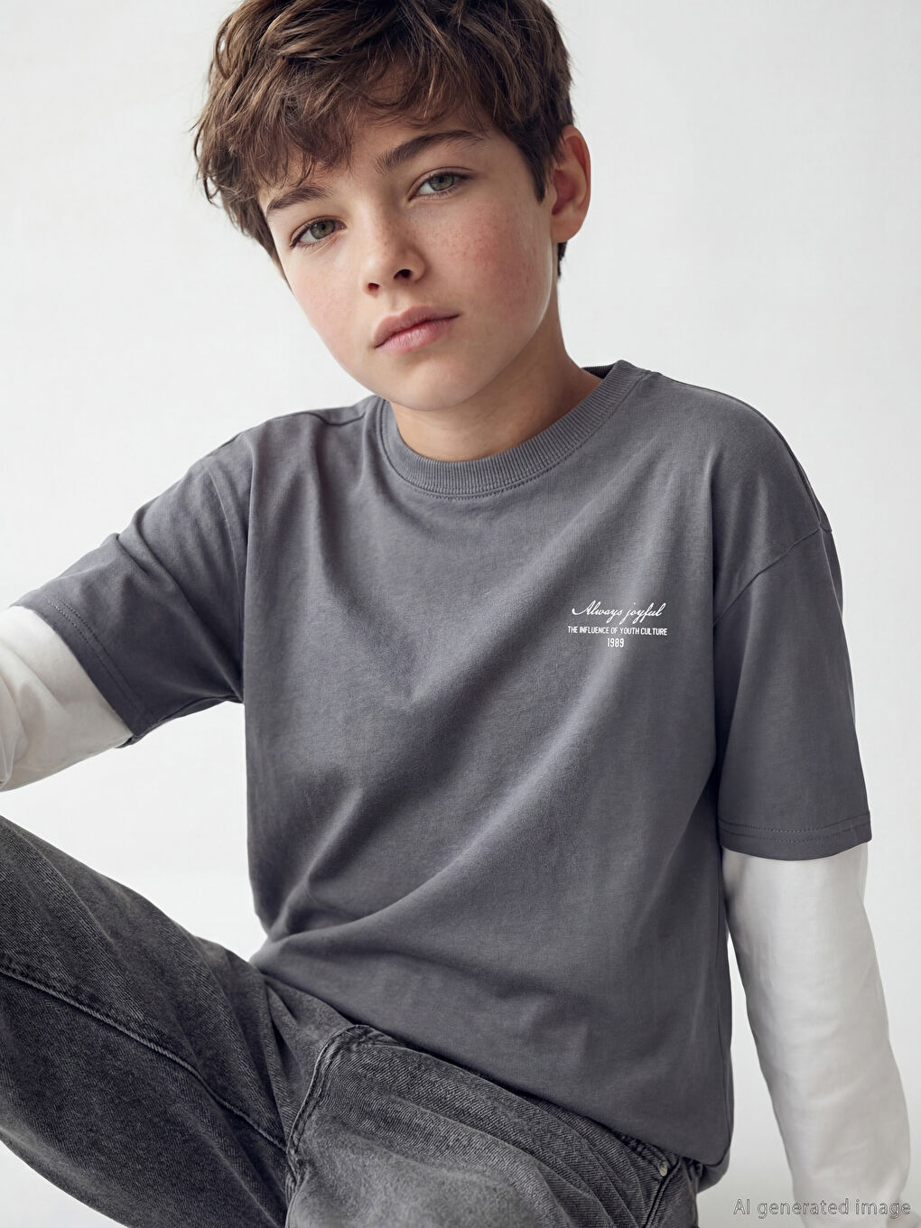 Gri Bisiklet Yaka İçten Uzun Kollu Erkek Çocuk Tişört-1