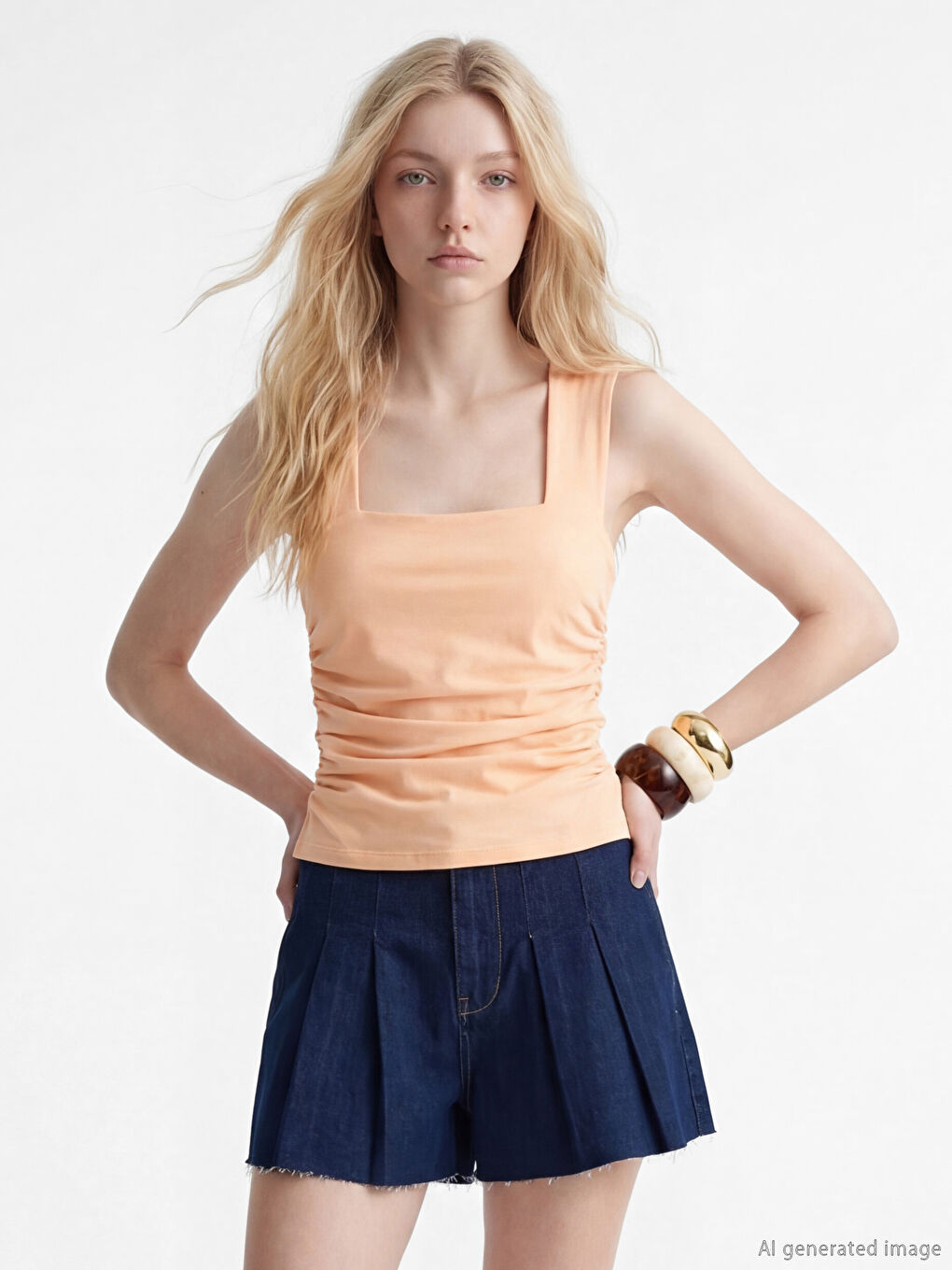 Turuncu Kadın Kare Yaka Büzgü Detaylı Kolsuz Bluz