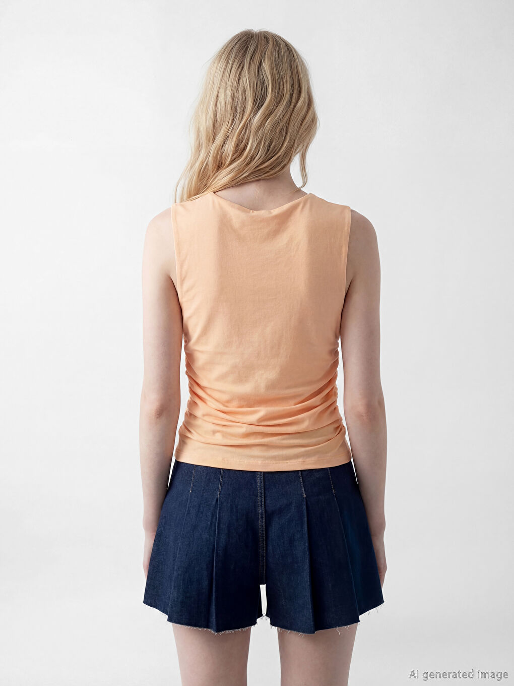 Turuncu Kadın Kare Yaka Büzgü Detaylı Kolsuz Bluz-3