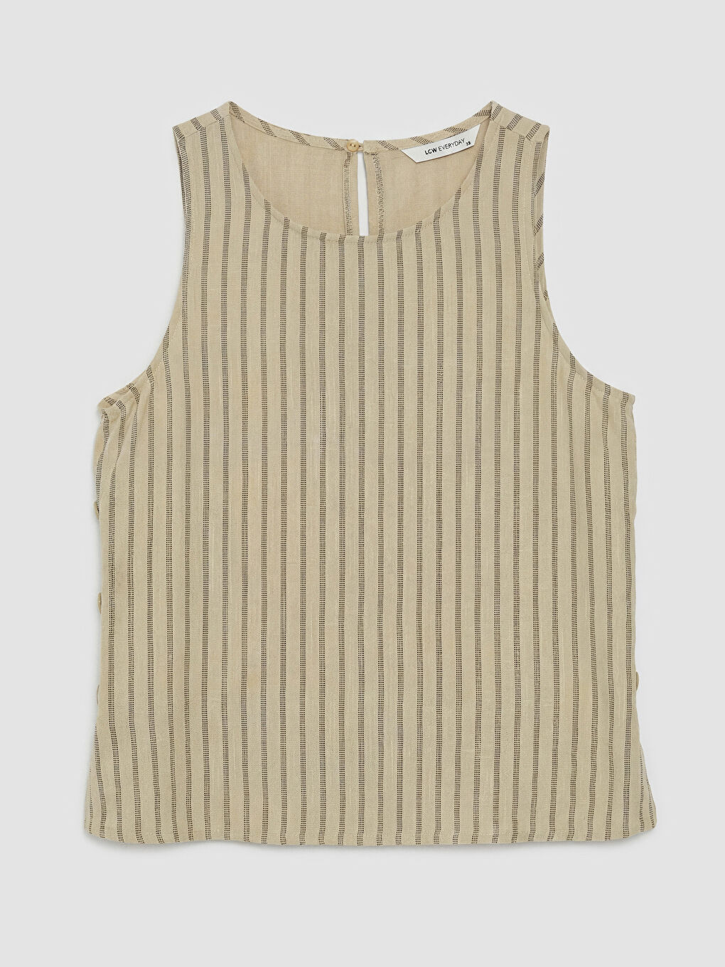 Bej Bisiklet Yaka Çizgili Keten Görünümlü Bluz