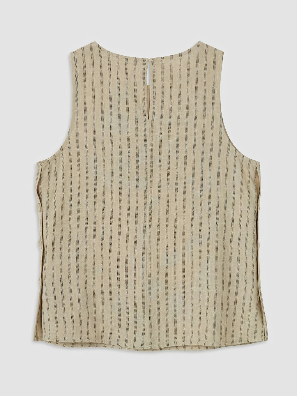 Bej Bisiklet Yaka Çizgili Keten Görünümlü Bluz-1