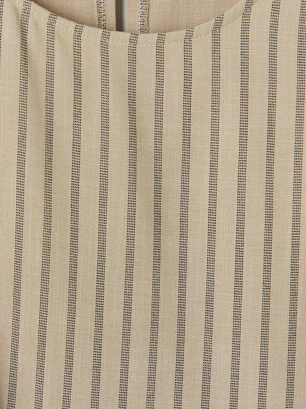 Bej Bisiklet Yaka Çizgili Keten Görünümlü Bluz-2