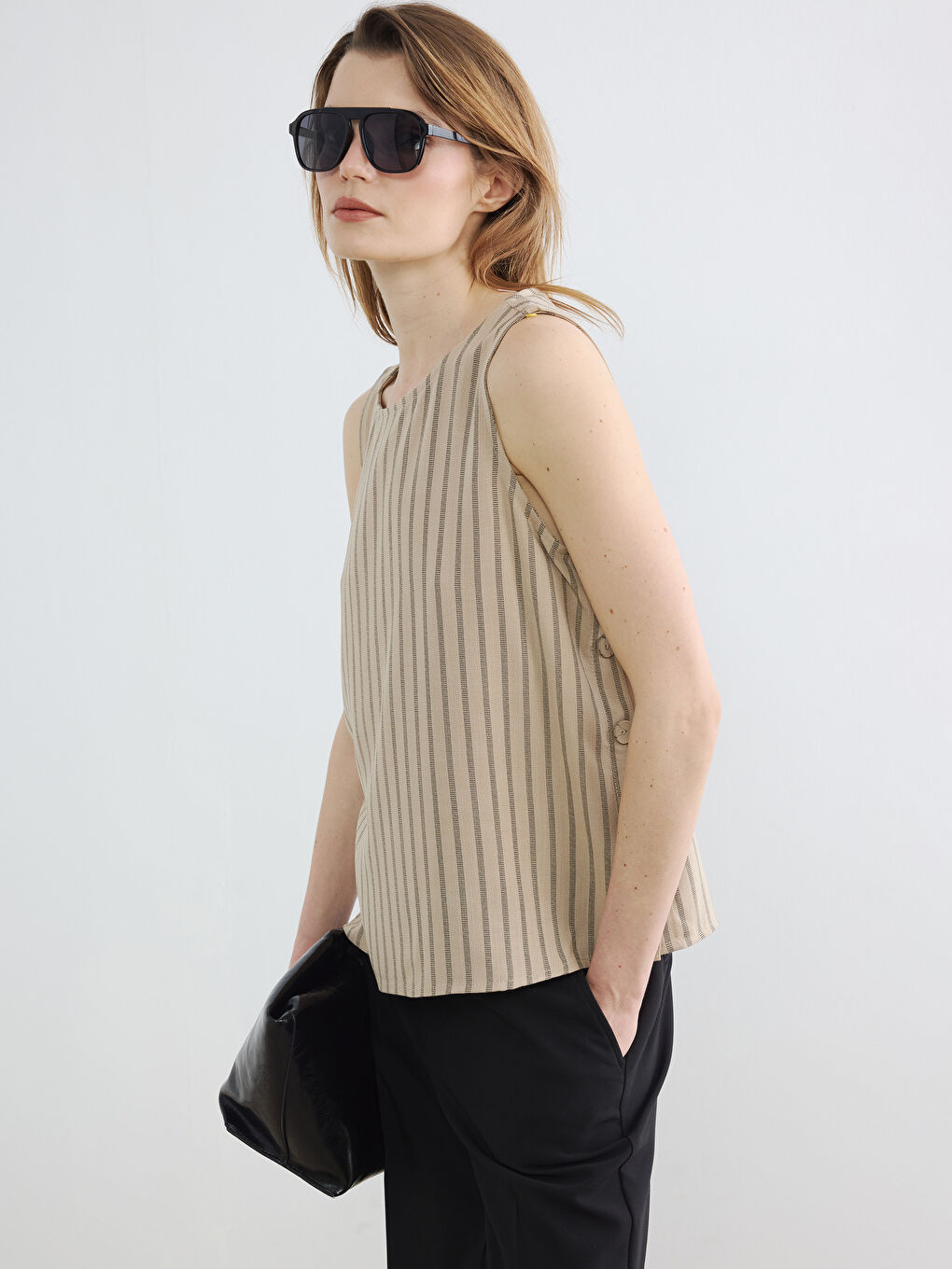 Crew Neck Striped Linen-Look Blouse